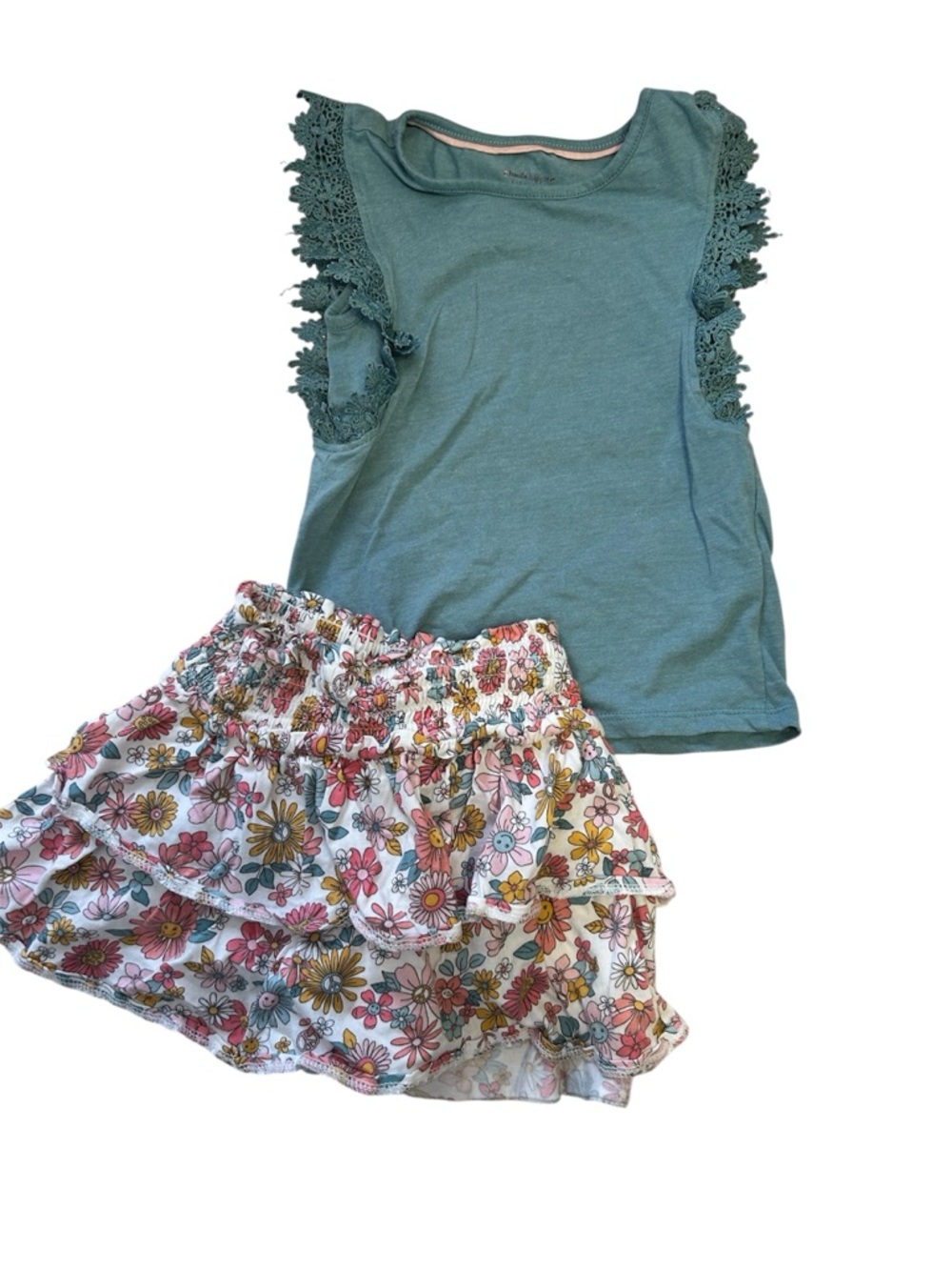 Toddler size 4 Girls Teal Top and Floral Ruffle Skirt Set